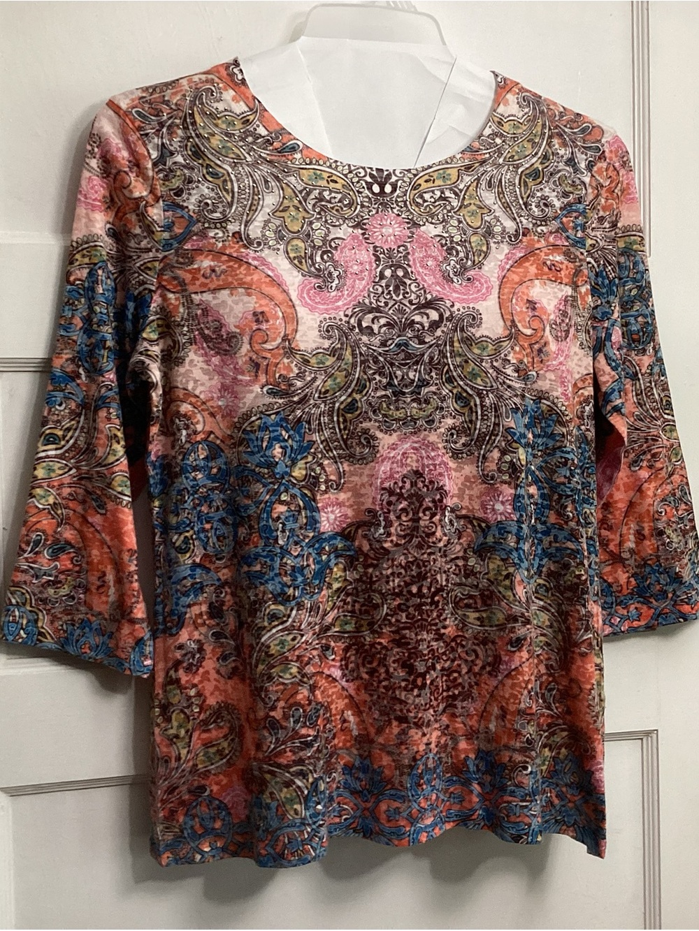 new directions Paisley Floral Scoop Neck Long Sleeve Top in Coral, Blue & Pink